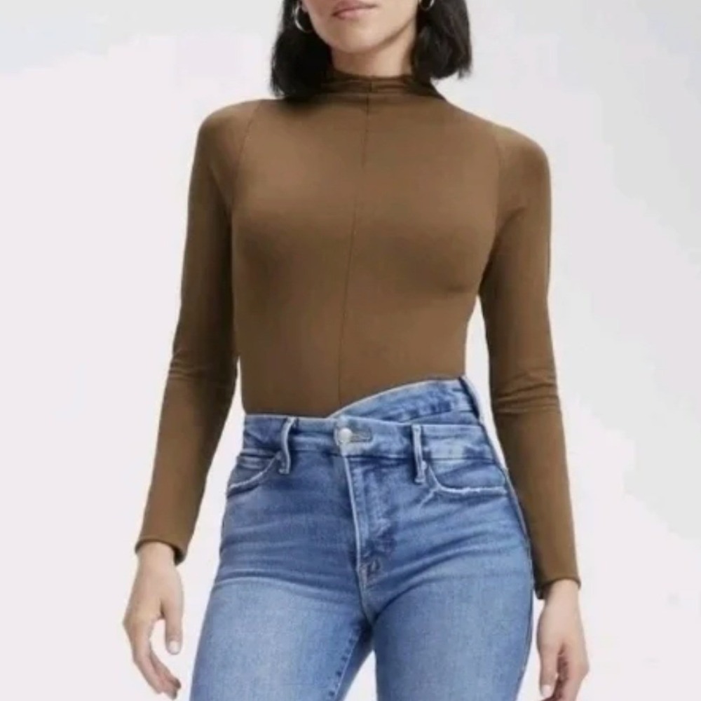 GOOD AMERICAN Soft Mock Neck Knit Bodysuit in Light Mocha Brown Size S/M